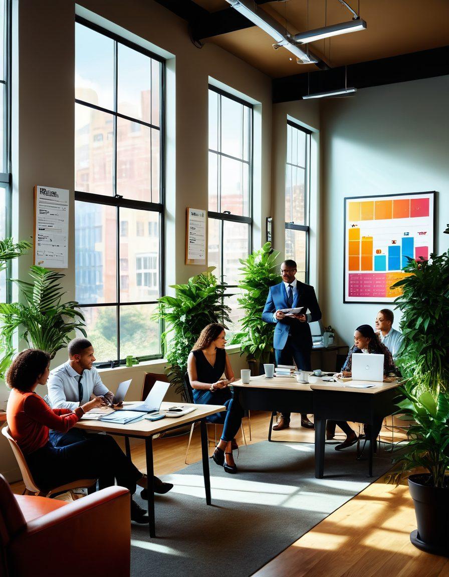 A vibrant office scene showcasing a diverse group of professionals engaging in collaborative discussions, surrounded by growth charts and motivational posters. Elements of personal development like books and plants symbolize growth. The atmosphere should exude energy and creativity, with warm light streaming through large windows. super-realistic. vibrant colors. 3D.