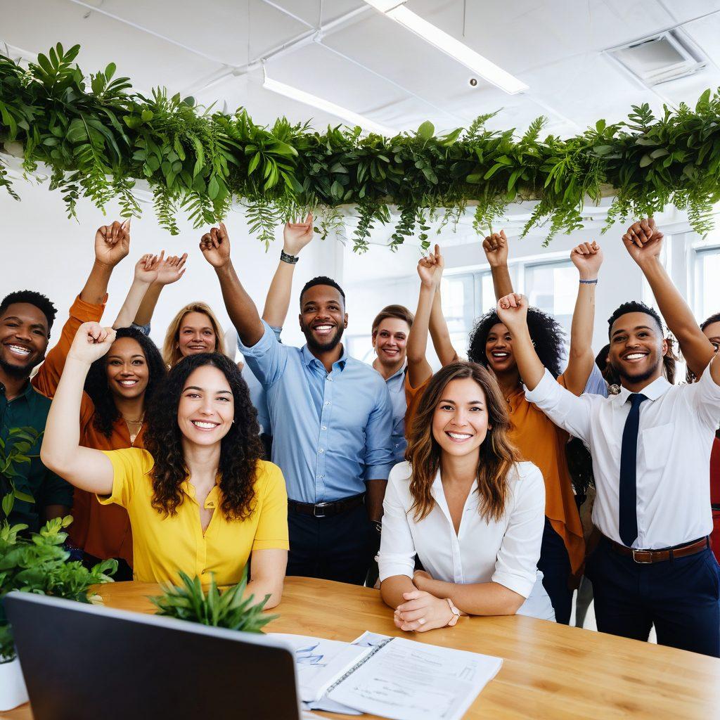 A diverse group of employees celebrating success in a bright and open office space, exuding happiness and collaboration, surrounded by plants and inspirational quotes on the walls. Showcase a balance of genders and ethnicities, with smiles and gestures of encouragement. The scene captures a vibrant, productive atmosphere infused with colors of joy and energy. super-realistic. vibrant colors. white background.