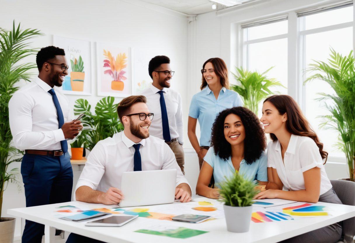 A vibrant office scene filled with diverse employees collaborating joyfully, showcasing teamwork and creativity. Bright colors and uplifting elements like plants and motivational posters should enhance the atmosphere. Include smiling faces and engaged conversations to convey satisfaction. Overall, evoke a sense of happiness and fulfillment in the workplace. super-realistic. vibrant colors. white background.